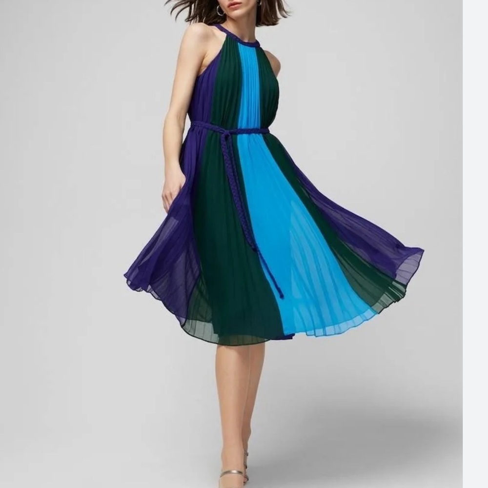 NWOT WHBM color block braided pleated halter dress XS purple green blue